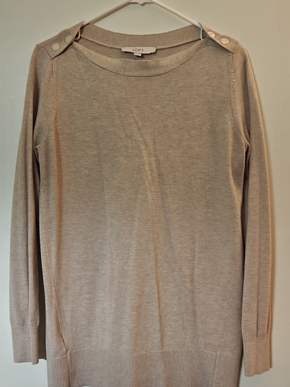 LOFT Beige Shoulder-Button Lightweight Crewneck Sweater